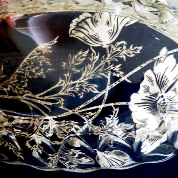 VTG STERLING SILVER CITY ON CLEAR CRYSTAL FLANDERS FLOWERS OVAL BOWL PLATE DISH - Picture 6 of 7